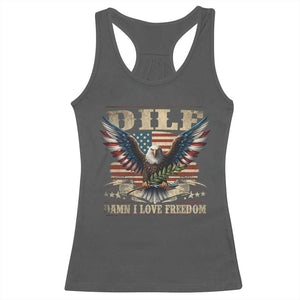 Funny 4th Of July DILF Damn I Love Freedom Racerback Tank Top Bald Eagle American Flag TS11 Dark Heather Print Your Wear