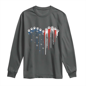 Patriotic Dog And Cat Paw American Flag Heart 4th Of July Long Sleeve Shirt TS11 Dark Heather Print Your Wear