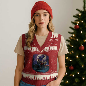 Native American Rider V-Neck Knit Sweater Vest Vintage Indian American Motorcycle Wolf TS11 Red Beige Print Your Wear