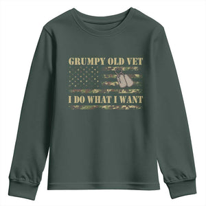 Funny Grumpy Old Vet I Do What I Want Youth Sweatshirt Military Veteran Camo American Flag TS11 Dark Forest Green Print Your Wear