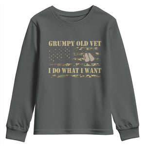 Funny Grumpy Old Vet I Do What I Want Youth Sweatshirt Military Veteran Camo American Flag TS11 Dark Heather Print Your Wear