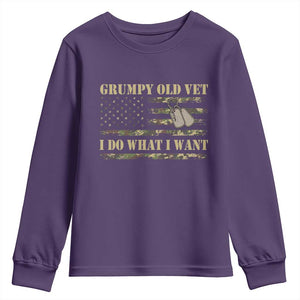 Funny Grumpy Old Vet I Do What I Want Youth Sweatshirt Military Veteran Camo American Flag TS11 Purple Print Your Wear