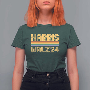 Harris Walz'24 T Shirt For Women Retro Rainbow Stripes LGBT Flag US Presidential Election 2024 TS11 Dark Forest Green Print Your Wear