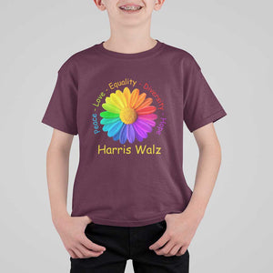 Harris Walz 2024 T Shirt For Kid Peace Love Equality Diversity Hope Rainbow Flower TS11 Maroon Print Your Wear