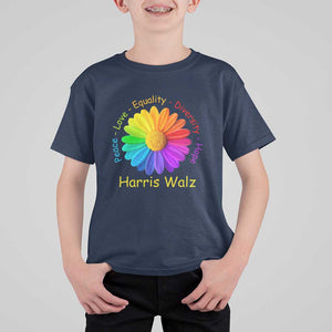 Harris Walz 2024 T Shirt For Kid Peace Love Equality Diversity Hope Rainbow Flower TS11 Navy Print Your Wear