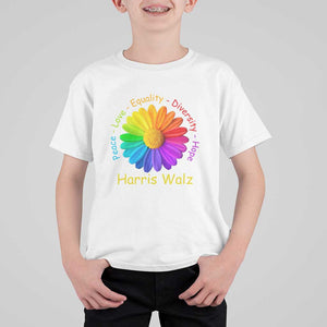 Harris Walz 2024 T Shirt For Kid Peace Love Equality Diversity Hope Rainbow Flower TS11 White Print Your Wear