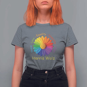 Harris Walz 2024 T Shirt For Women Peace Love Equality Diversity Hope Rainbow Flower TS11 Charcoal Print Your Wear