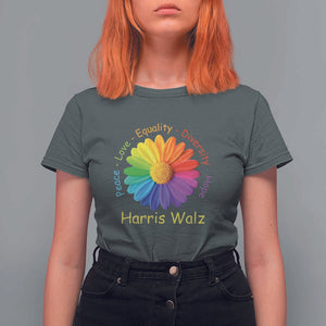Harris Walz 2024 T Shirt For Women Peace Love Equality Diversity Hope Rainbow Flower TS11 Dark Heather Print Your Wear
