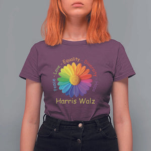 Harris Walz 2024 T Shirt For Women Peace Love Equality Diversity Hope Rainbow Flower TS11 Maroon Print Your Wear