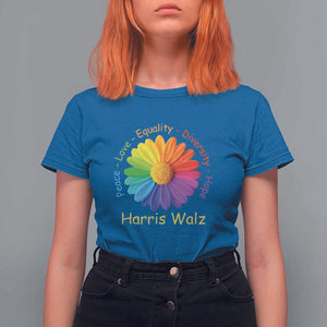 Harris Walz 2024 T Shirt For Women Peace Love Equality Diversity Hope Rainbow Flower TS11 Royal Blue Print Your Wear