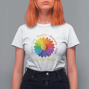 Harris Walz 2024 T Shirt For Women Peace Love Equality Diversity Hope Rainbow Flower TS11 White Print Your Wear