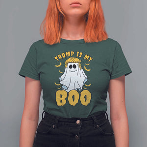 Funny Trump Supporter 2024 T Shirt For Women Trump Is My Boo Halloween Ghost Bat Blond Hair TS11 Dark Forest Green Print Your Wear