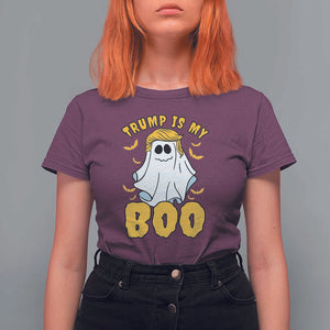 Funny Trump Supporter 2024 T Shirt For Women Trump Is My Boo Halloween Ghost Bat Blond Hair TS11 Maroon Print Your Wear