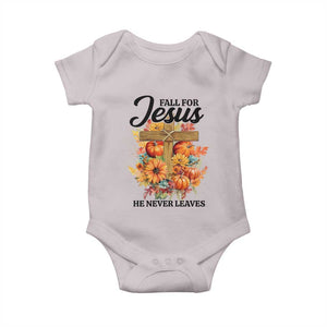 Funny Christian Baby Onesie Fall For Jesus He Never Leaves Thanksgiving TS11 Ice Gray Print Your Wear