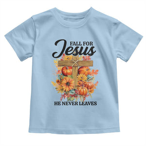 Funny Christian Baby Shirt Fall For Jesus He Never Leaves Thanksgiving TS11 Light Blue Print Your Wear