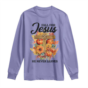 Funny Christian Long Sleeve Shirt Fall For Jesus He Never Leaves Thanksgiving TS11 Violet Print Your Wear