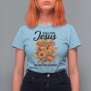 Funny Christian T Shirt For Women Fall For Jesus He Never Leaves Thanksgiving TS11 Light Blue Print Your Wear