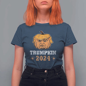 Funny Trump Halloween T Shirt For Women Trumpkin 2024 Vintage Pumpkin Spider TS11 Navy Print Your Wear
