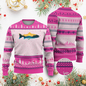Trout Fly Fishing Outdoor Forest Mountain Nature Wildlife Fisherman Ugly Christmas Sweater TS11 Hot Pink Print Your Wear