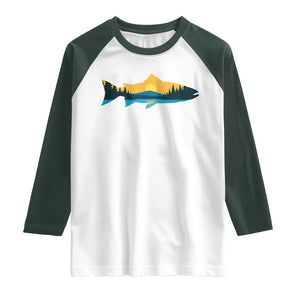 Trout Fly Fishing Outdoor Forest Mountain Nature Wildlife Fisherman Raglan Shirt TS11 White Dark Forest Green Print Your Wear
