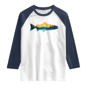 Trout Fly Fishing Outdoor Forest Mountain Nature Wildlife Fisherman Raglan Shirt TS11 White Navy Print Your Wear
