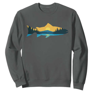 Trout Fly Fishing Outdoor Forest Mountain Nature Wildlife Fisherman Sweatshirt TS11 Dark Heather Print Your Wear