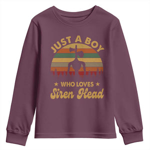 Funny Just A Boy Who Loves Siren Head Youth Sweatshirt Supernatural Cryptid Retro Monster TS11 Maroon Print Your Wear