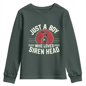Funny Just A Boy Who Loves Siren Head Youth Sweatshirt Supernatural Cryptid Monster TS11 Dark Forest Green Print Your Wear