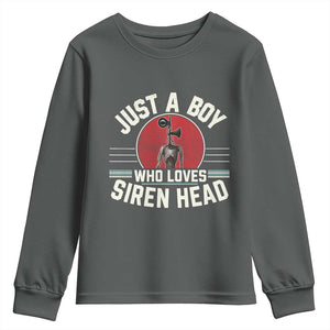Funny Just A Boy Who Loves Siren Head Youth Sweatshirt Supernatural Cryptid Monster TS11 Dark Heather Print Your Wear