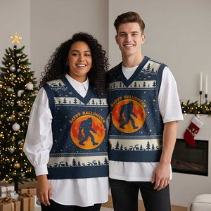 Funny Halloween Bigfoot V-Neck Knit Sweater Vest Sasquatch Full Moon Jack O Lantern TS11 Navy Beige Print Your Wear