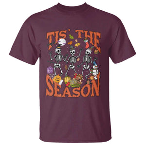 Funny HalloThankMas T Shirt Tis The Season Halloween Thanksgiving Christmas Skeleton TS11 Maroon Print Your Wear