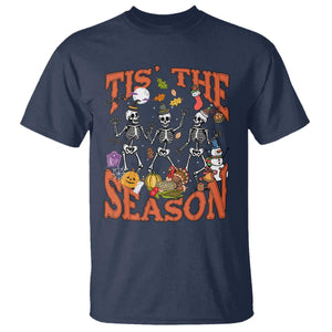 Funny HalloThankMas T Shirt Tis The Season Halloween Thanksgiving Christmas Skeleton TS11 Navy Print Your Wear