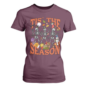 Funny HalloThankMas T Shirt For Women Tis The Season Halloween Thanksgiving Christmas Skeleton TS11 Maroon Print Your Wear