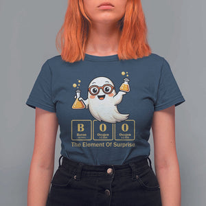 Halloween Chemistry T Shirt For Women Boo The Element Of Surprise Ghost Nerd TS11 Navy Print Your Wear