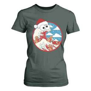 Funny Christmas T Shirt For Women Santa Tsunami Is Eating Ginger Bread Xmas TS11 Dark Forest Green Print Your Wear
