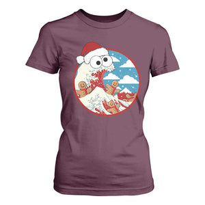 Funny Christmas T Shirt For Women Santa Tsunami Is Eating Ginger Bread Xmas TS11 Maroon Print Your Wear