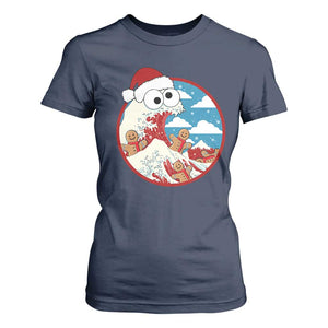 Funny Christmas T Shirt For Women Santa Tsunami Is Eating Ginger Bread Xmas TS11 Navy Print Your Wear