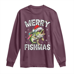 Funny Christmas Fishing Long Sleeve Shirt Merry Fishmas Bass Fish Rod TS11 Maroon Print Your Wear