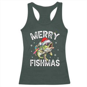 Funny Christmas Fishing Racerback Tank Top Merry Fishmas Bass Fish Rod TS11 Dark Forest Green Print Your Wear