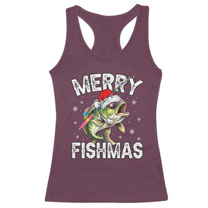 Funny Christmas Fishing Racerback Tank Top Merry Fishmas Bass Fish Rod TS11 Maroon Print Your Wear