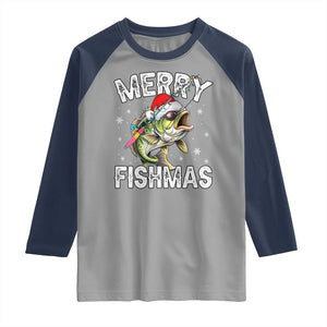 Funny Christmas Fishing Raglan Shirt Merry Fishmas Bass Fish Rod TS11 Sport Gray Navy Print Your Wear