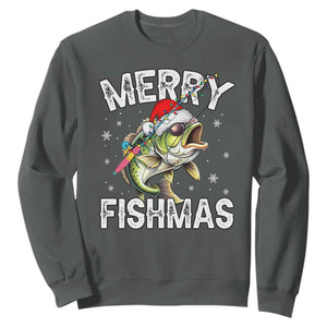 Funny Christmas Fishing Sweatshirt Merry Fishmas Bass Fish Rod TS11 Dark Heather Print Your Wear