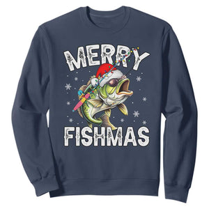Funny Christmas Fishing Sweatshirt Merry Fishmas Bass Fish Rod TS11 Navy Print Your Wear