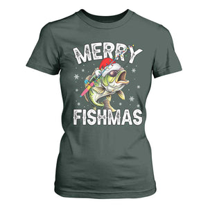 Funny Christmas Fishing T Shirt For Women Merry Fishmas Bass Fish Rod TS11 Dark Forest Green Print Your Wear