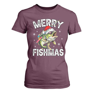 Funny Christmas Fishing T Shirt For Women Merry Fishmas Bass Fish Rod TS11 Maroon Print Your Wear