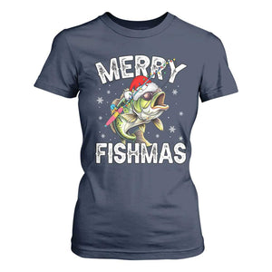 Funny Christmas Fishing T Shirt For Women Merry Fishmas Bass Fish Rod TS11 Navy Print Your Wear