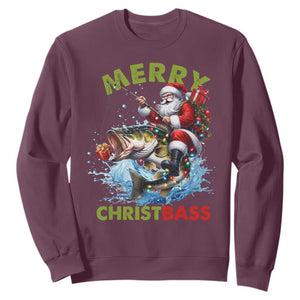 Funny Christmas Fishing Sweatshirt Merry Christbass Santa Xmas Tree TS11 Maroon Print Your Wear