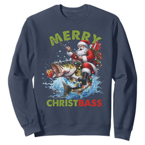 Funny Christmas Fishing Sweatshirt Merry Christbass Santa Xmas Tree TS11 Navy Print Your Wear
