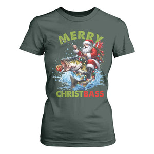 Funny Christmas Fishing T Shirt For Women Merry Christbass Santa Xmas Tree TS11 Dark Forest Green Print Your Wear