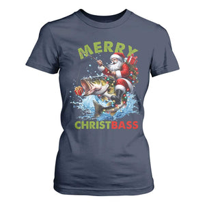 Funny Christmas Fishing T Shirt For Women Merry Christbass Santa Xmas Tree TS11 Navy Print Your Wear